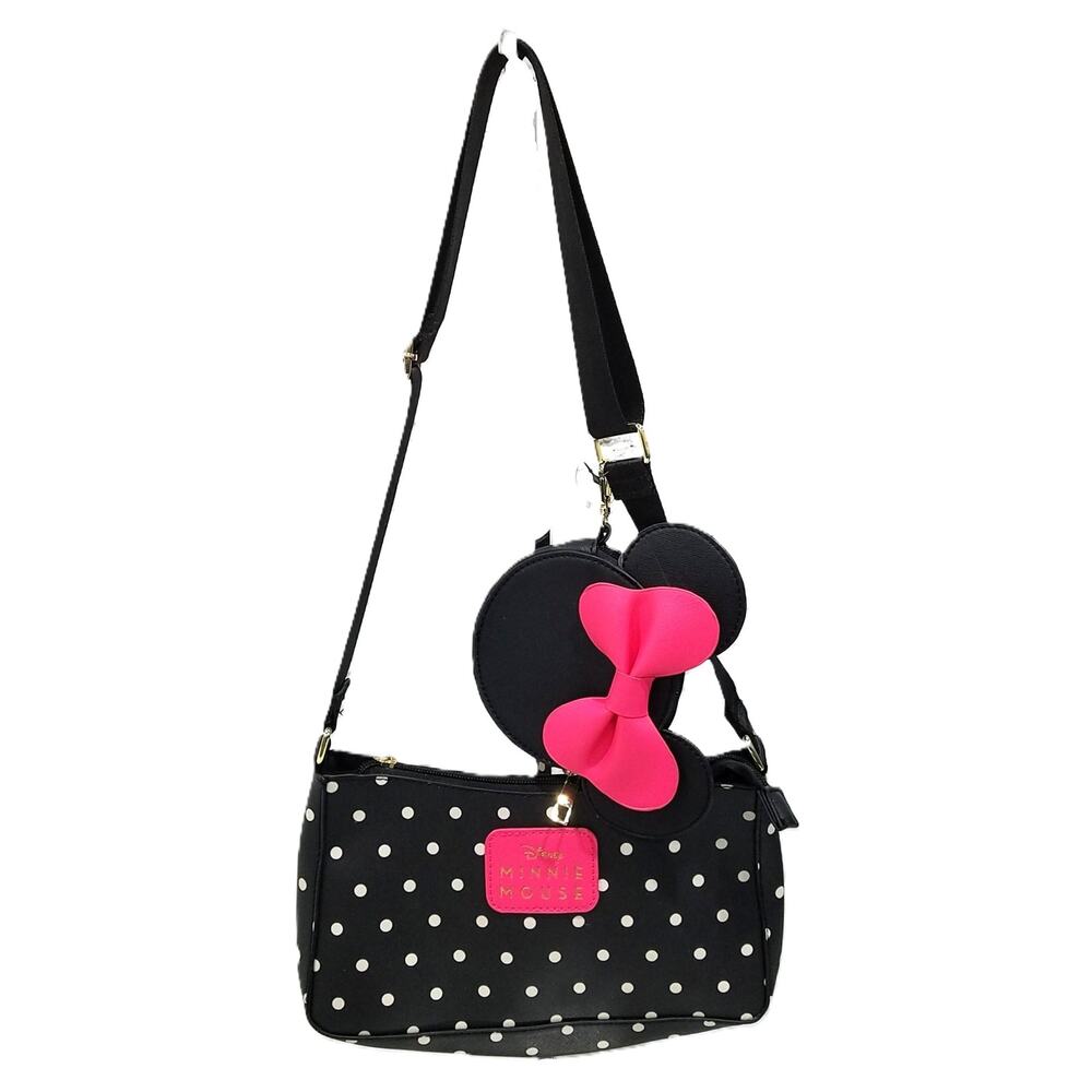 Disney Minnie Mouse Polka Dot Shoulder Bag Pink Bow Coin Pouch Set - Picture 2 of 10